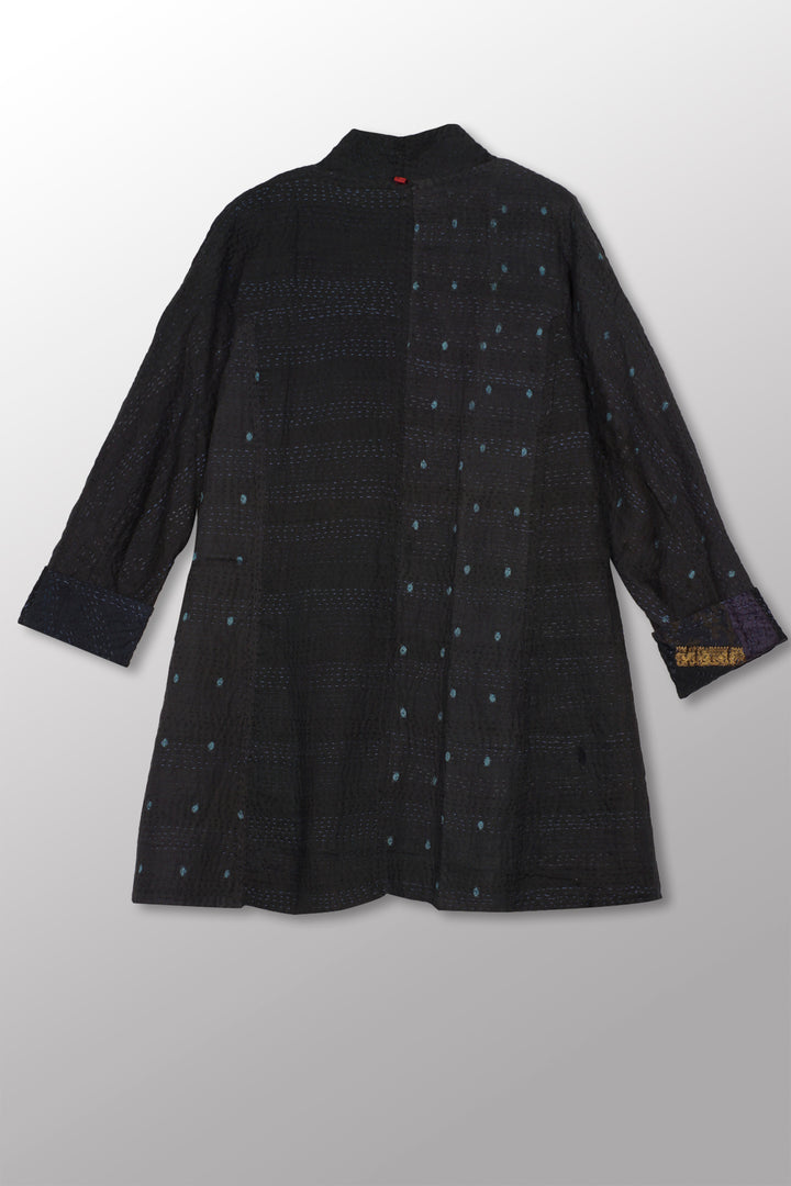 COTTON SILK SW PATCH KANTHA HIGH-NECK TOPPER - ws4045-blk -