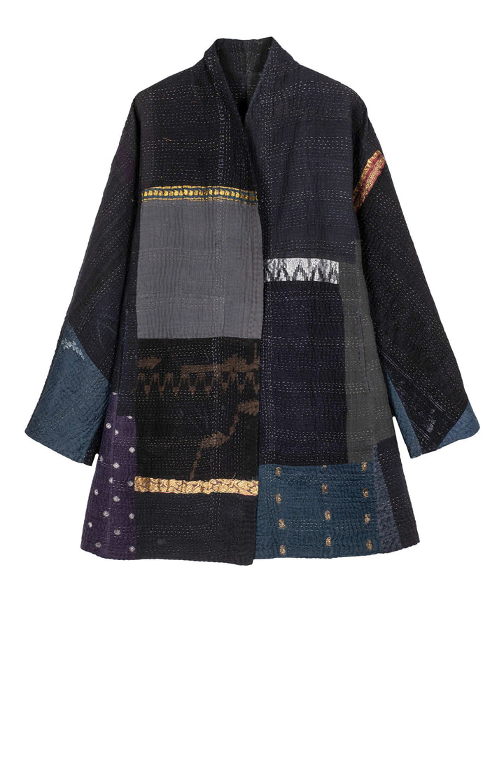 COTTON SILK SW PATCH KANTHA HIGH-NECK TOPPER - ws4045-blk -