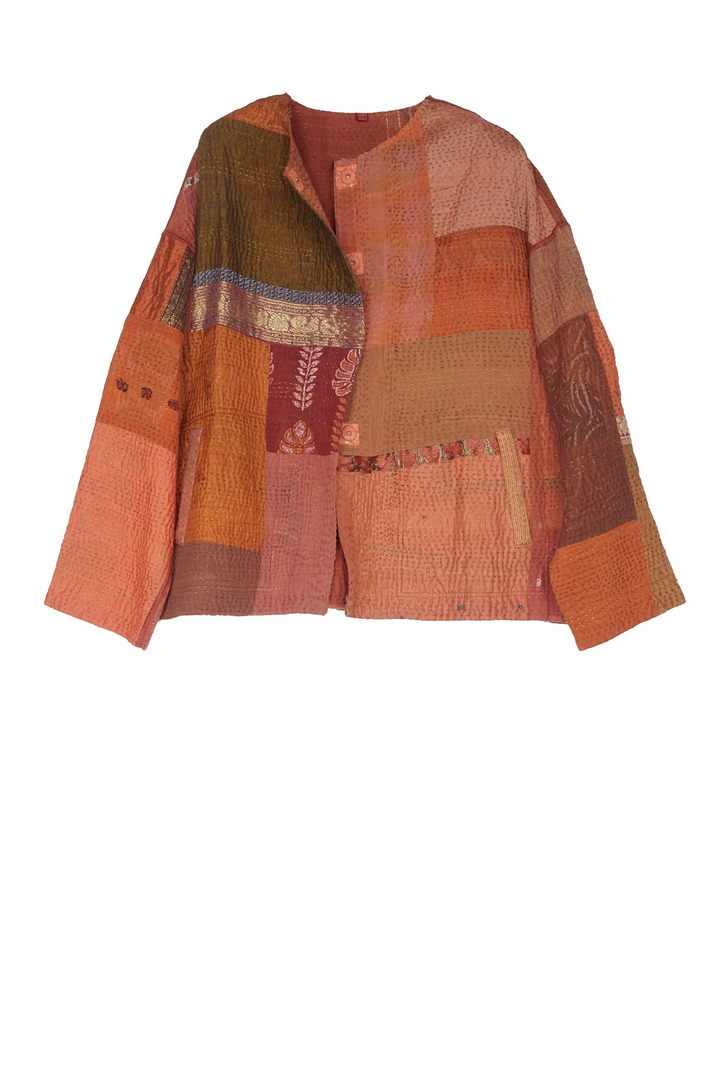 COTTON SILK SW PATCH KANTHA CREW NECK SHORT JKT - ws4053-org -