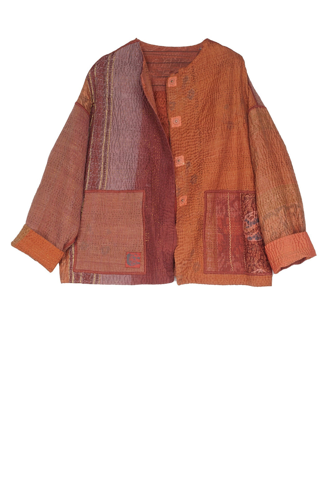 COTTON SILK SW PATCH KANTHA CREW NECK SHORT JKT - ws4053-org -