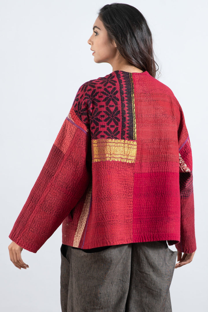 COTTON SILK SW PATCH KANTHA CREW NECK SHORT JKT - ws4053-red -