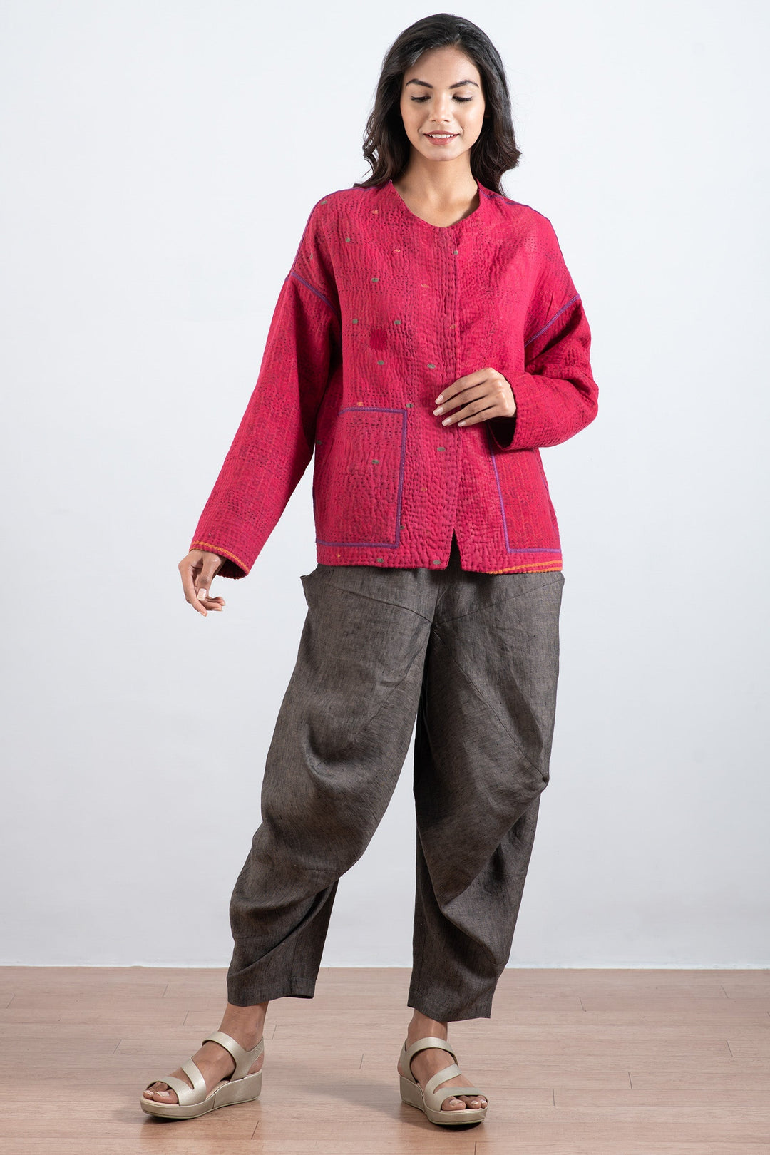 COTTON SILK SW PATCH KANTHA CREW NECK SHORT JKT - ws4053-red -