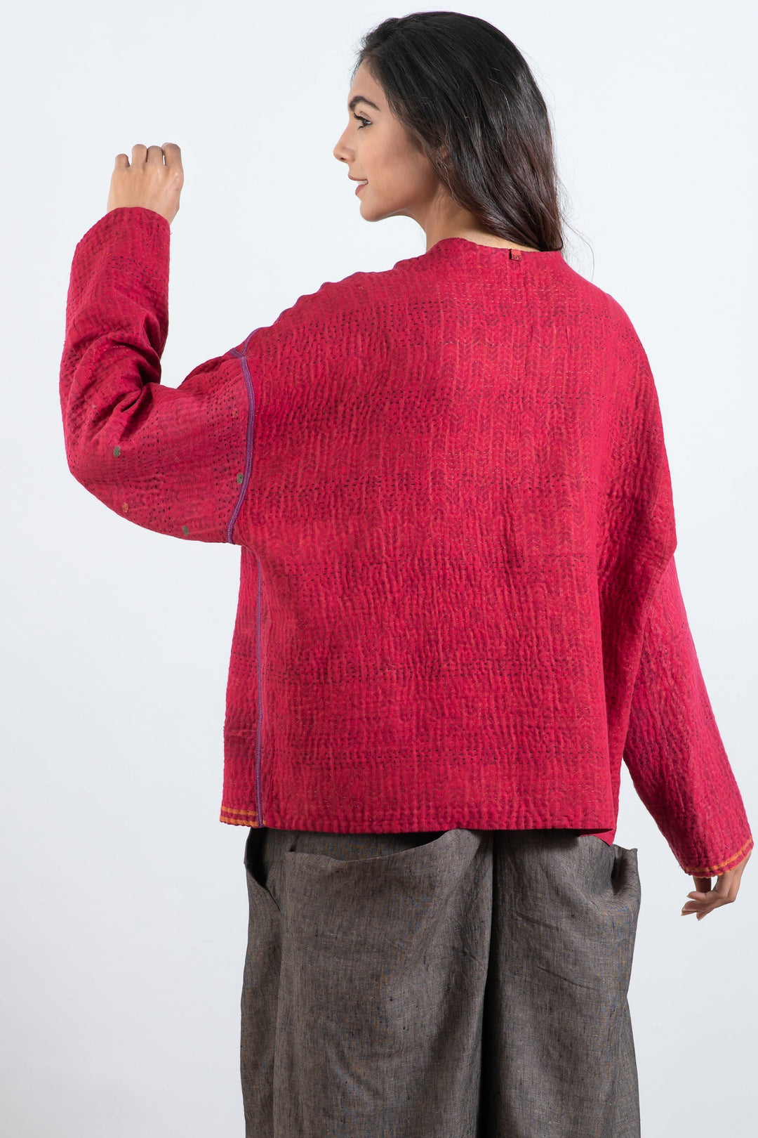 COTTON SILK SW PATCH KANTHA CREW NECK SHORT JKT - ws4053-red -