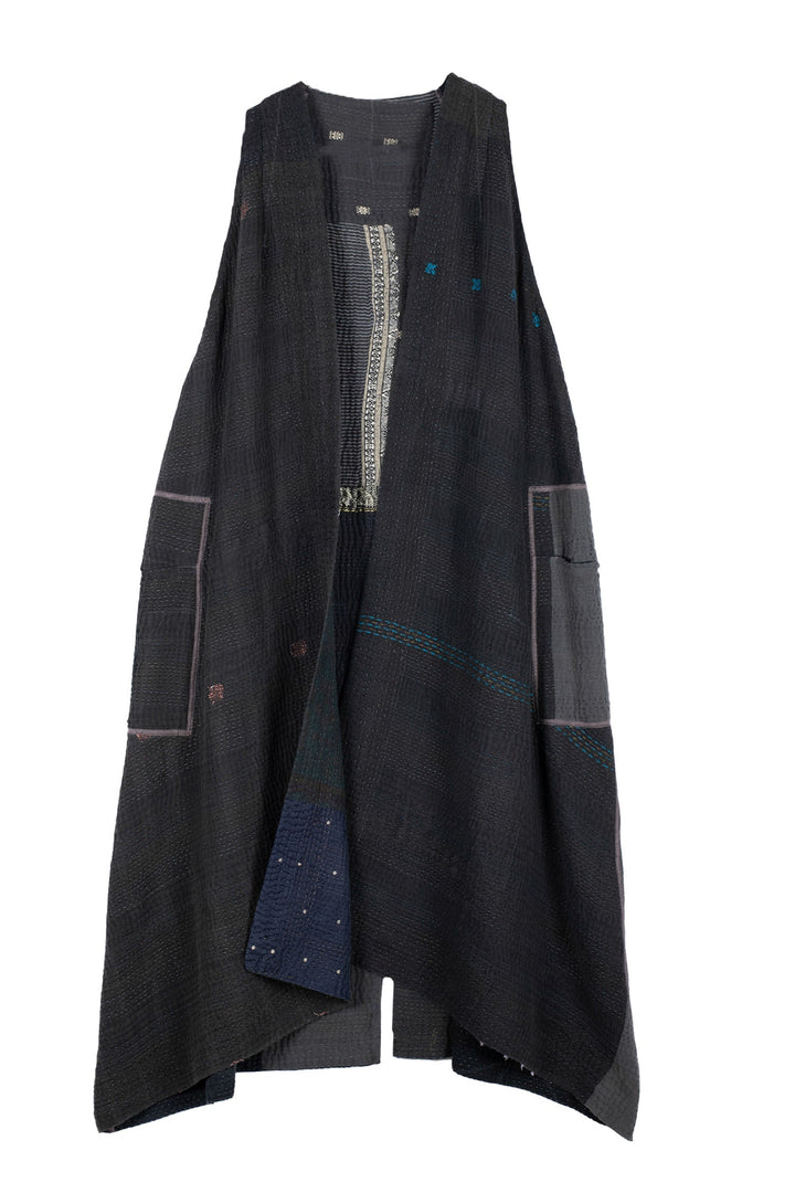 COTTON SILK SW PATCH KANTHA BACK PLEATED VEST MAXI - ws4222-blk -