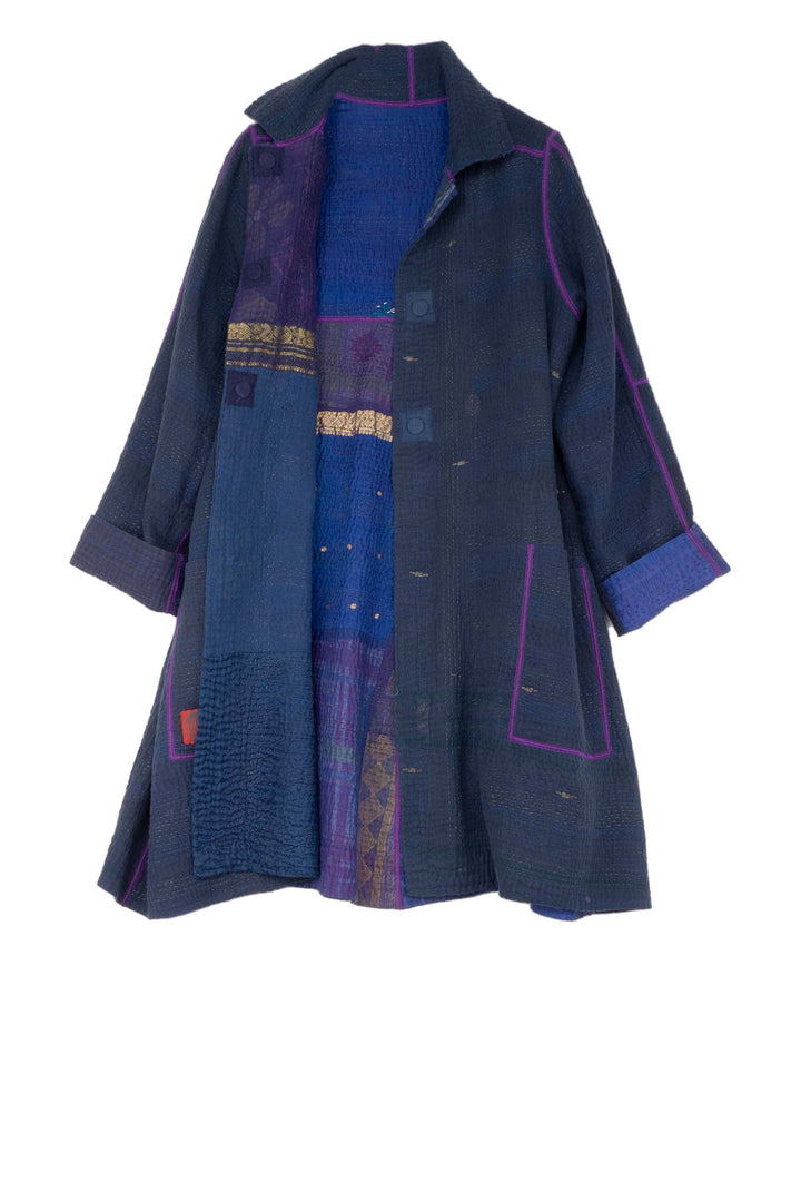 COTTON SILK SW PATCH KANTHA A-LINE DUSTER - ws4311-nvy -