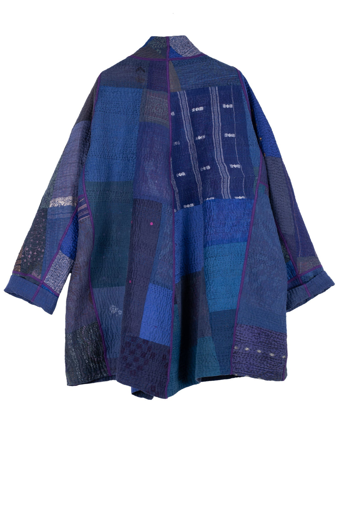 COTTON SILK SW PATCH KANTHA FUNNEL COLLAR COAT - ws4312-blu -