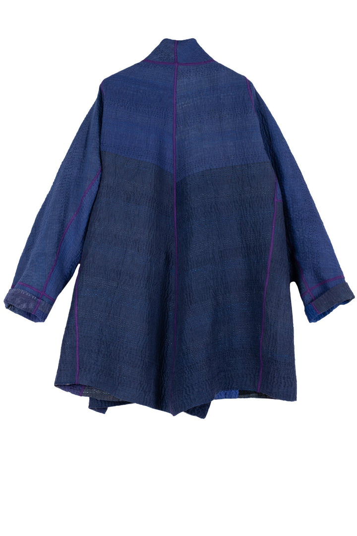COTTON SILK SW PATCH KANTHA FUNNEL COLLAR COAT - ws4312-blu -