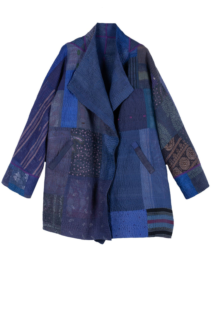 COTTON SILK SW PATCH KANTHA FUNNEL COLLAR COAT - ws4312-blu -