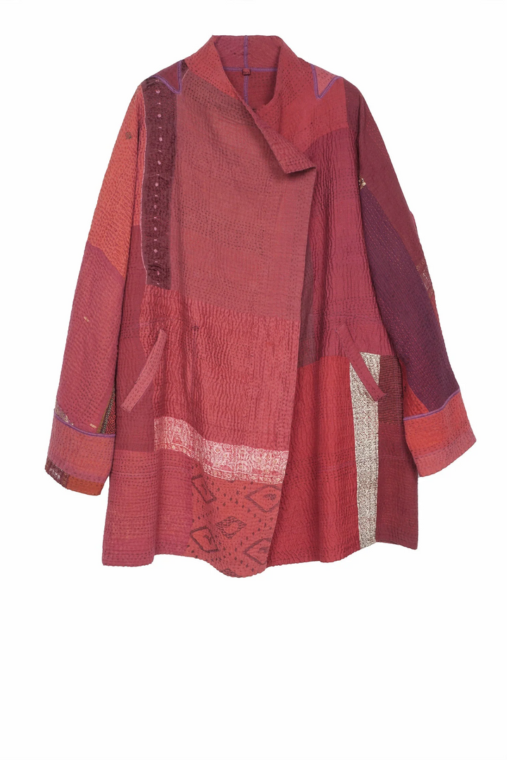 COTTON SILK SW PATCH KANTHA FUNNEL COLLAR COAT - ws4312-red -