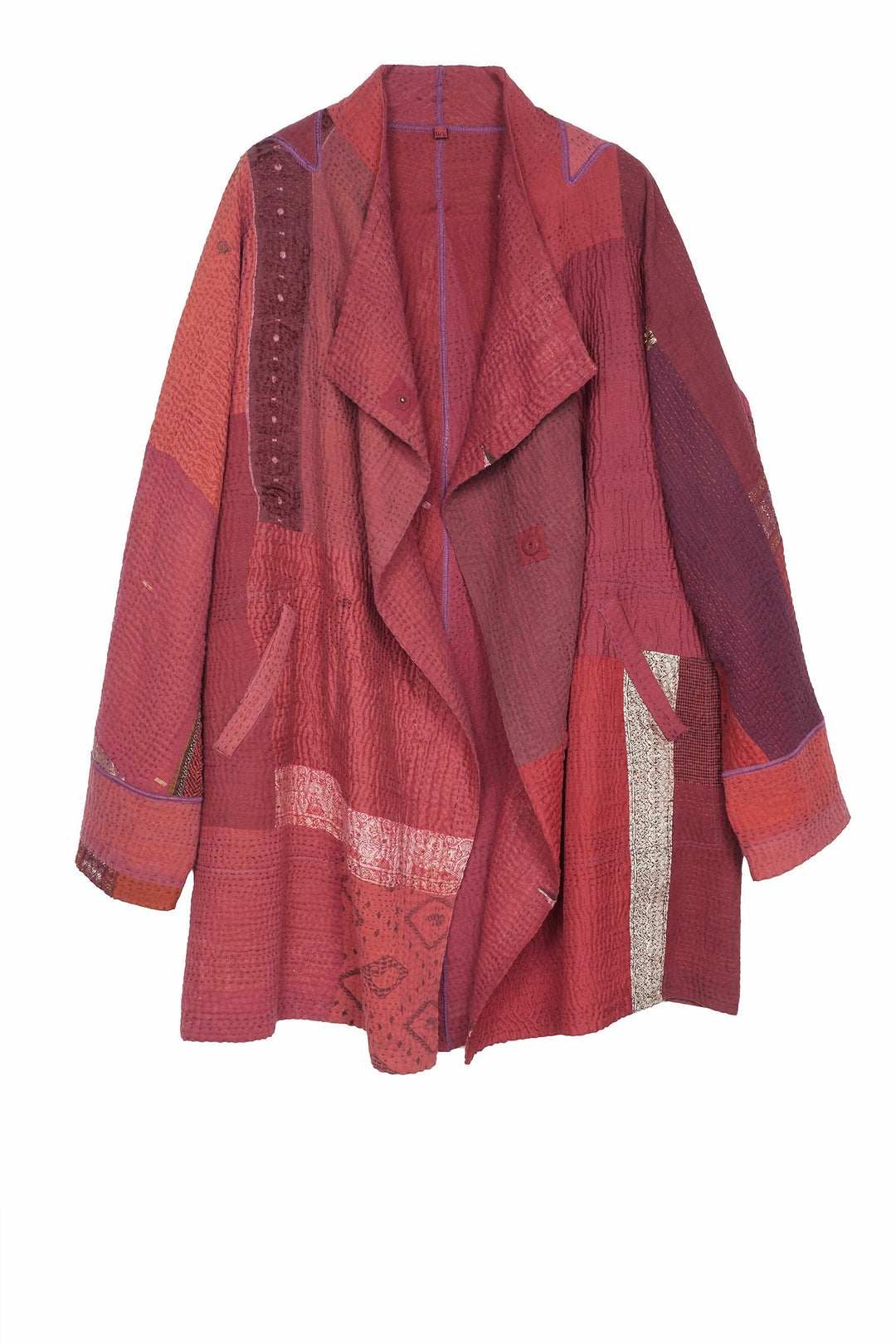COTTON SILK SW PATCH KANTHA FUNNEL COLLAR COAT - ws4312-red -