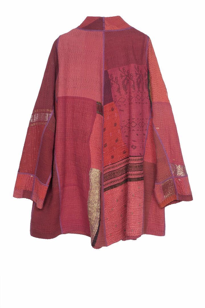 COTTON SILK SW PATCH KANTHA FUNNEL COLLAR COAT - ws4312-red -