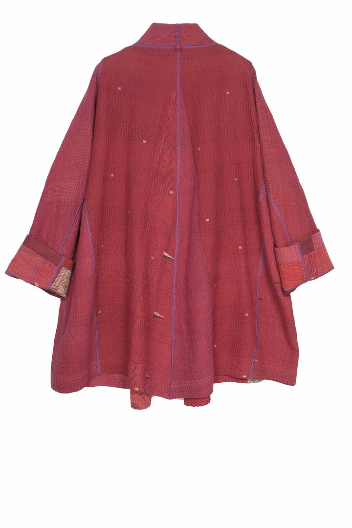 COTTON SILK SW PATCH KANTHA FUNNEL COLLAR COAT - ws4312-red -