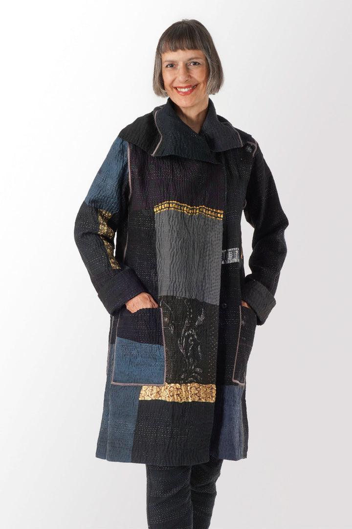 COTTON SILK SW PATCH KANTHA POCKET MEDIUM COAT - ws4316-blk -