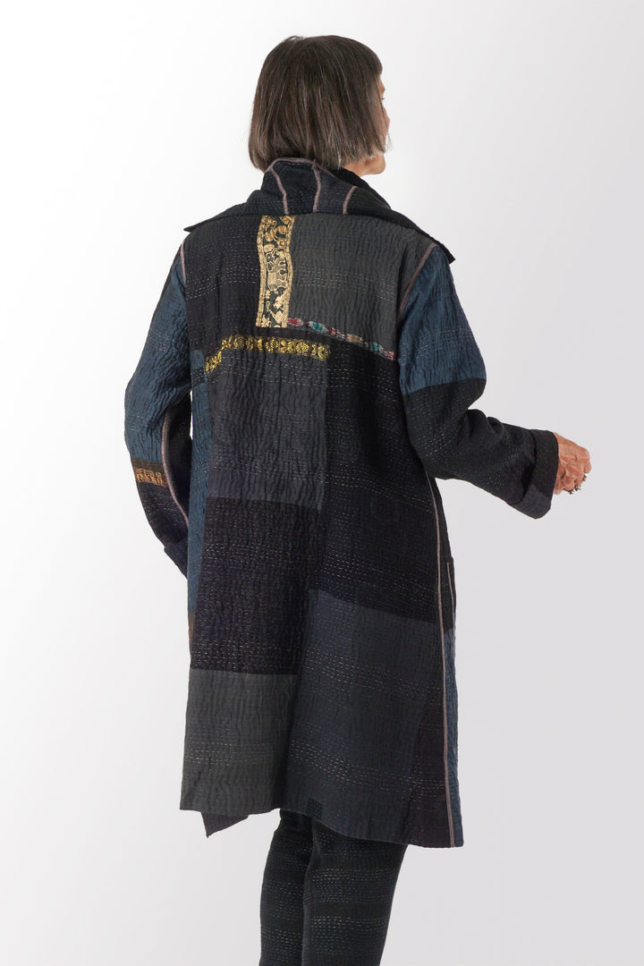 COTTON SILK SW PATCH KANTHA POCKET MEDIUM COAT - ws4316-blk -