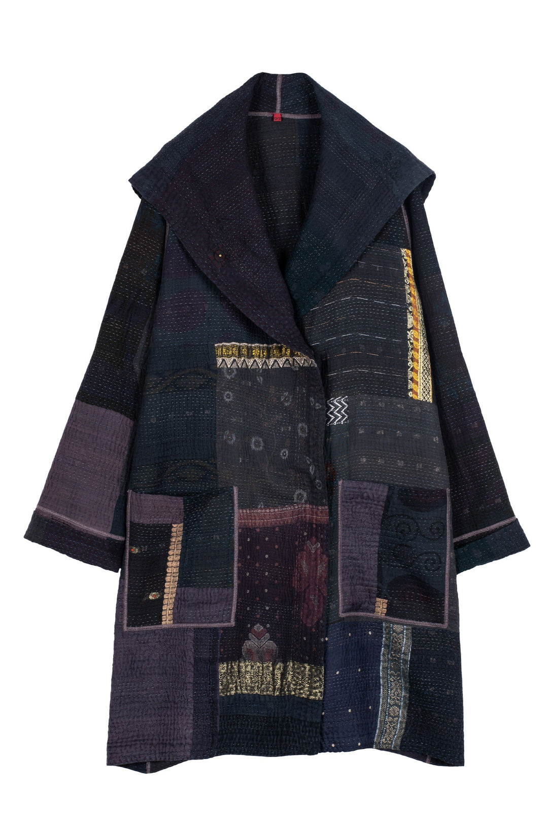 COTTON SILK SW PATCH KANTHA POCKET MEDIUM COAT - ws4316-blk -