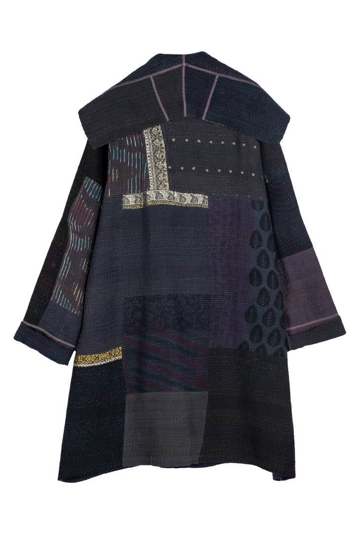 COTTON SILK SW PATCH KANTHA POCKET MEDIUM COAT - ws4316-blk -