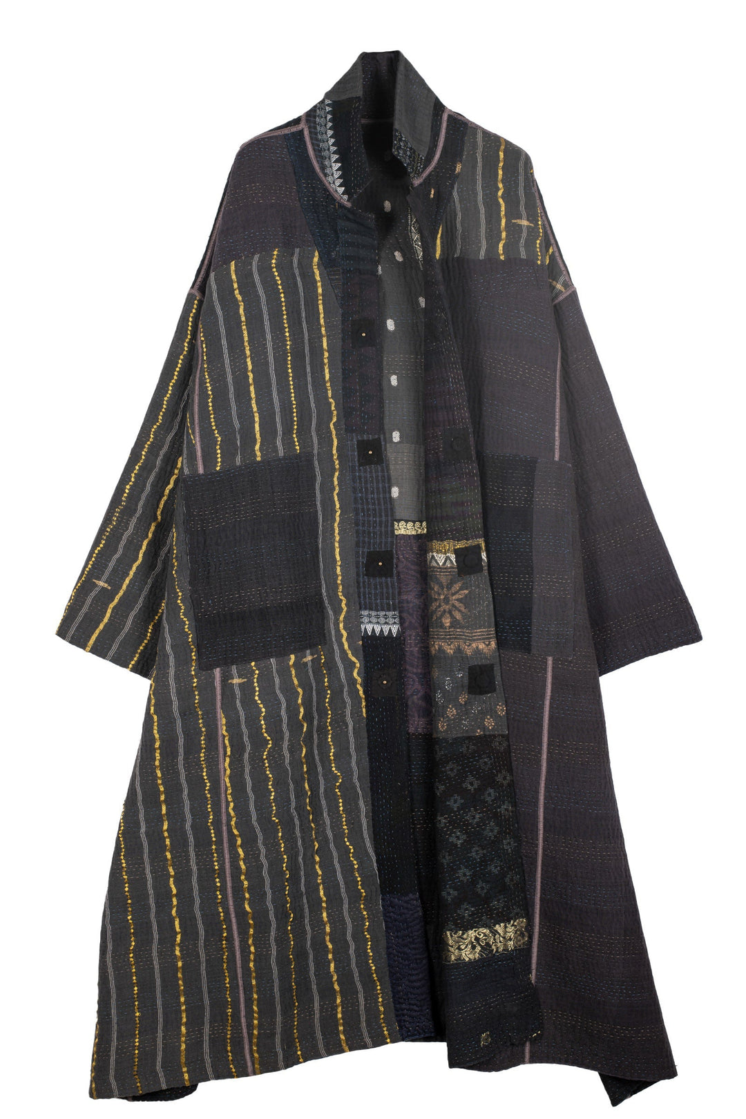 COTTON SILK SW PATCH KANTHA OVERSIZED COAT - ws4326-blk -