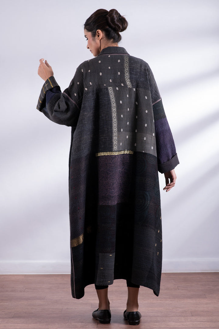 COTTON SILK SW PATCH KANTHA OVERSIZED COAT - ws4326-blk -