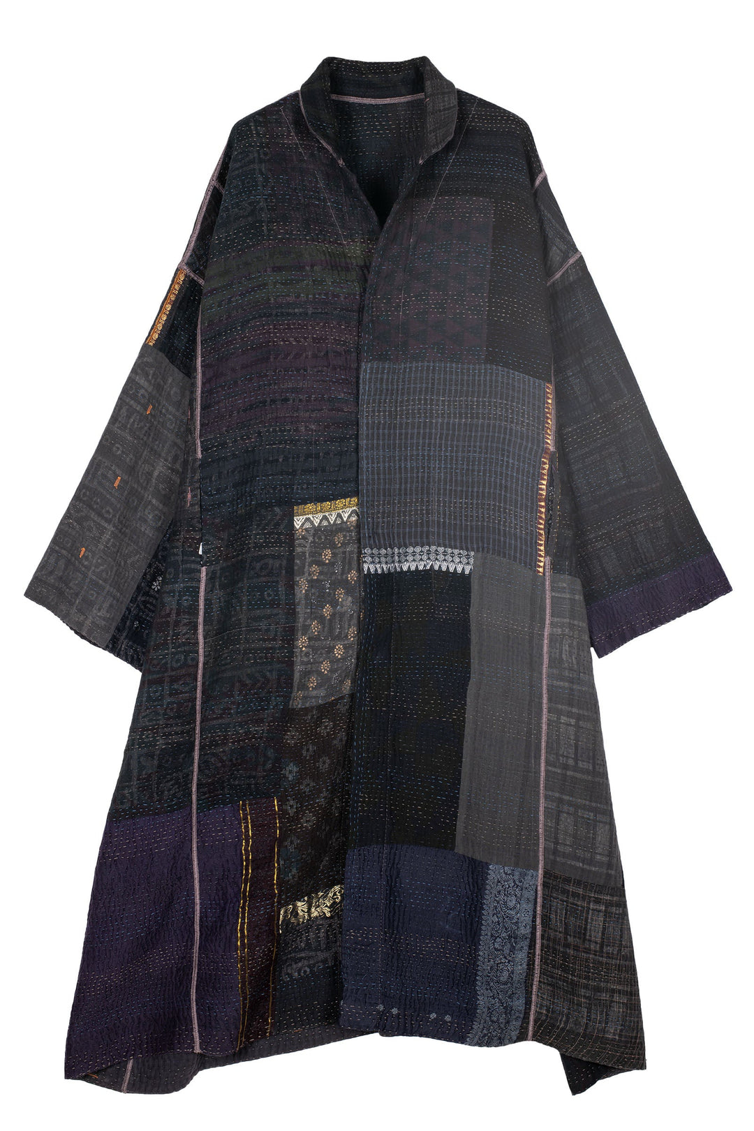 COTTON SILK SW PATCH KANTHA OVERSIZED COAT - ws4326-blk -