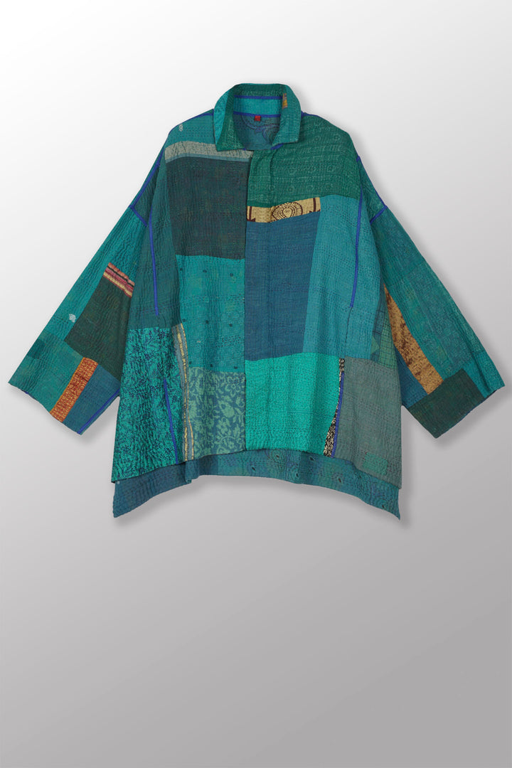 COTTON SILK SW PATCH KANTHA OVERSIZED MINI COAT - ws4332-tel -