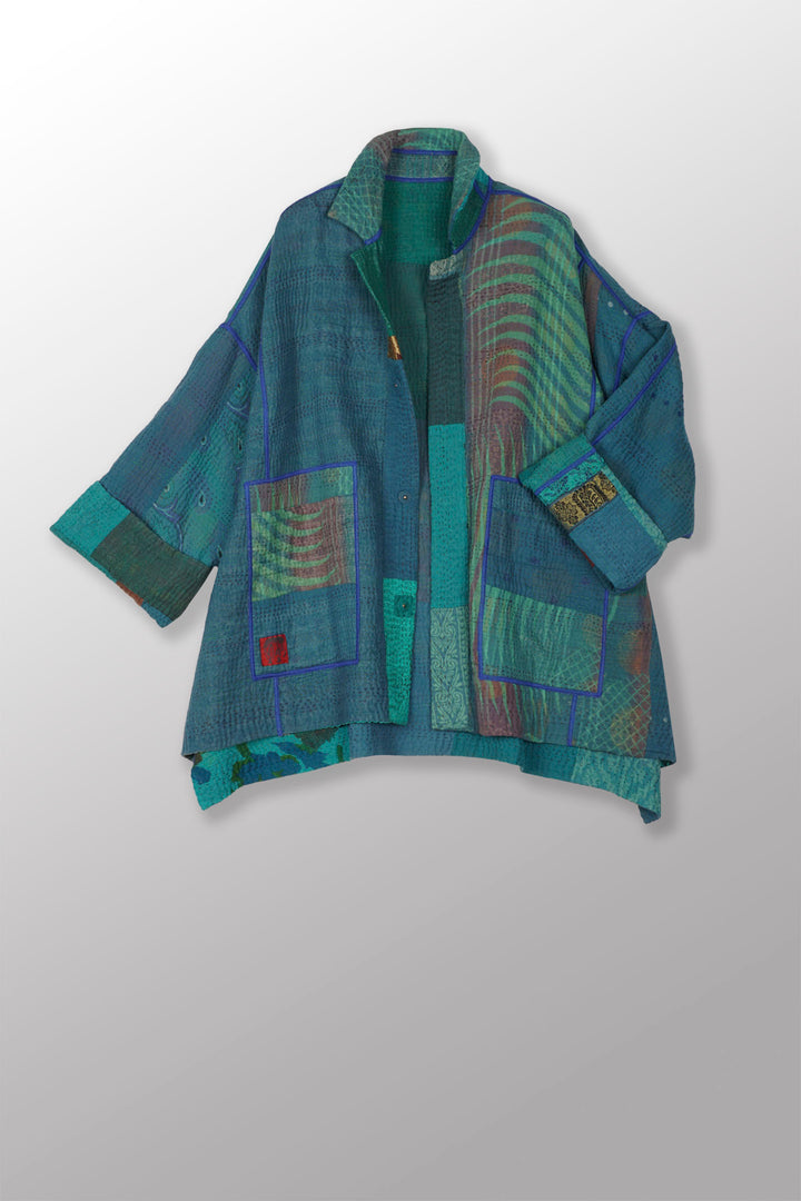 COTTON SILK SW PATCH KANTHA OVERSIZED MINI COAT - ws4332-tel -