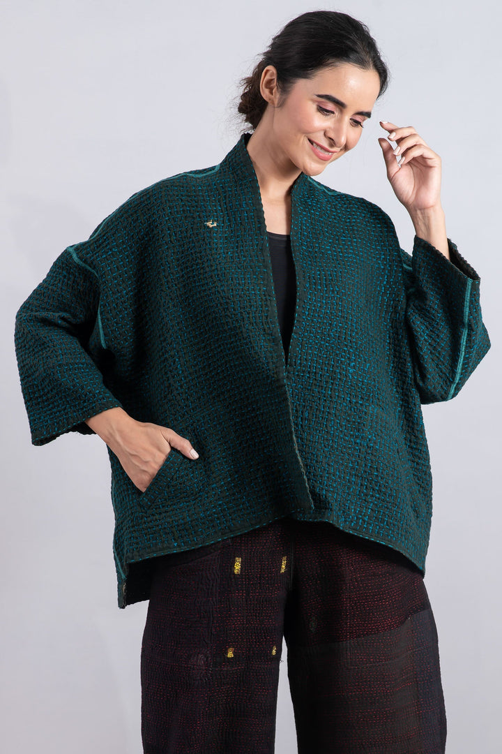 WOOL WAFFLE KANTHA MINI KIMONO JKT - ww3055-tel -