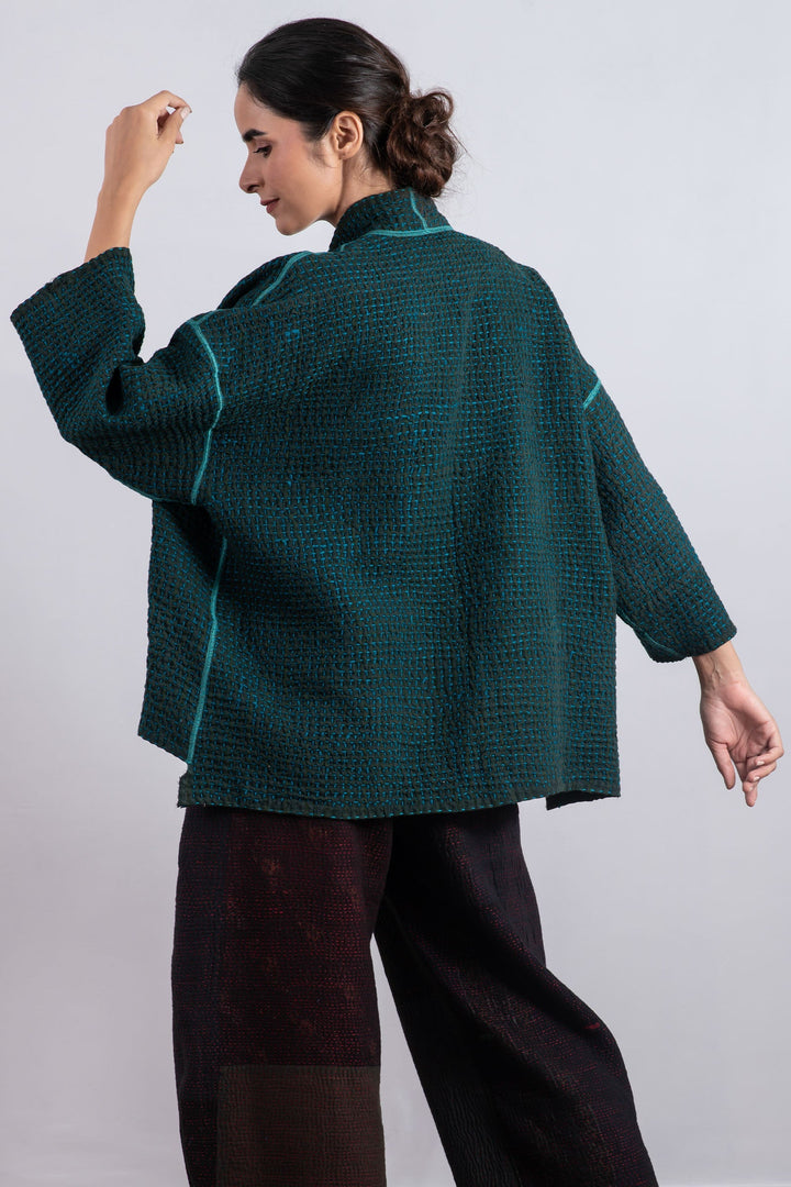 WOOL WAFFLE KANTHA MINI KIMONO JKT - ww3055-tel -