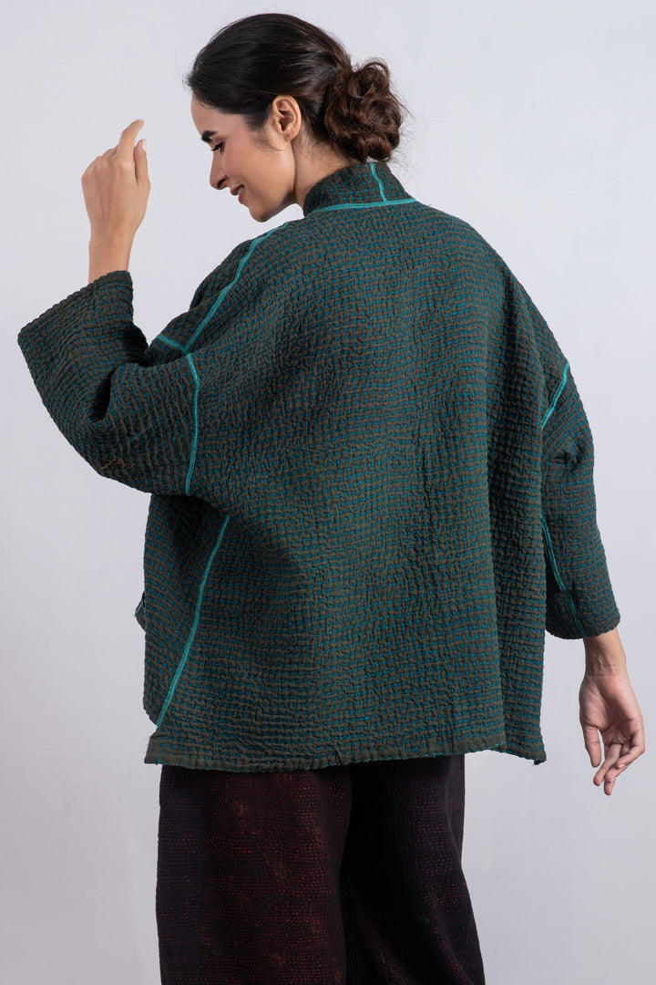 WOOL WAFFLE KANTHA MINI KIMONO JKT - ww3055-tel -
