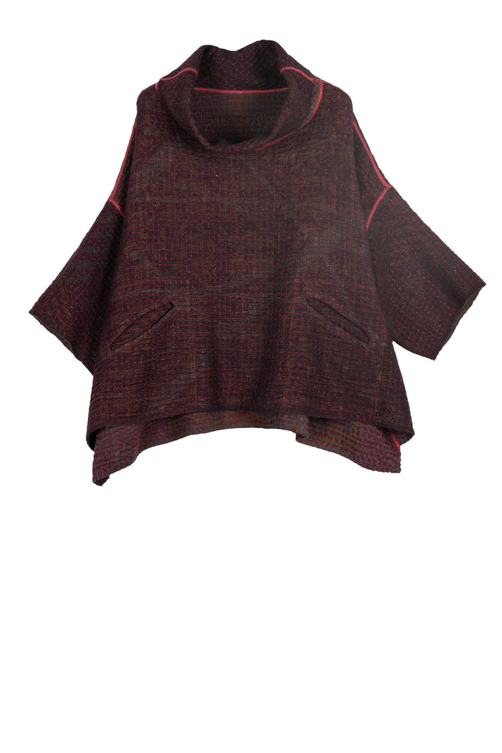 WOOL WAFFLE KANTHA COWL NECK PONCHO - ww3061-red -