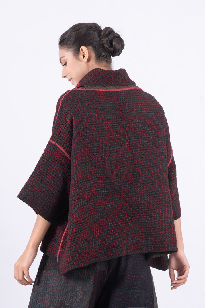 WOOL WAFFLE KANTHA COWL NECK PONCHO - ww3061-red -