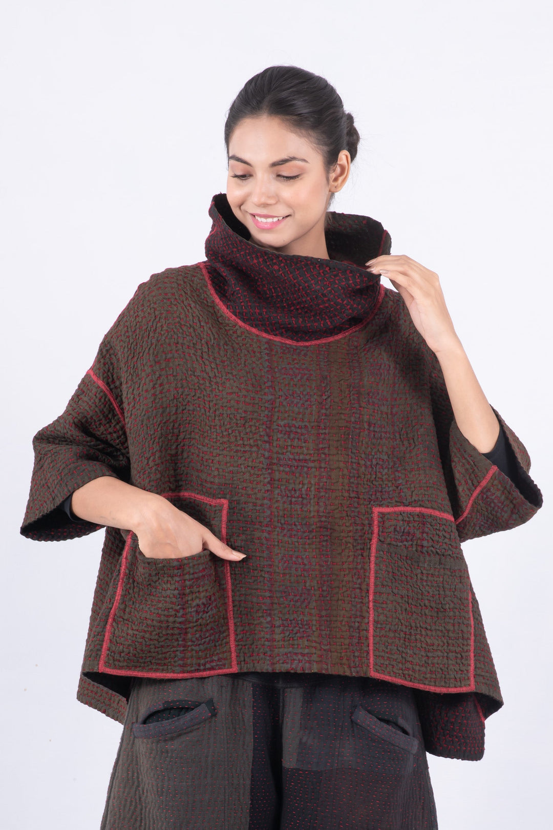 WOOL WAFFLE KANTHA COWL NECK PONCHO - ww3061-red -
