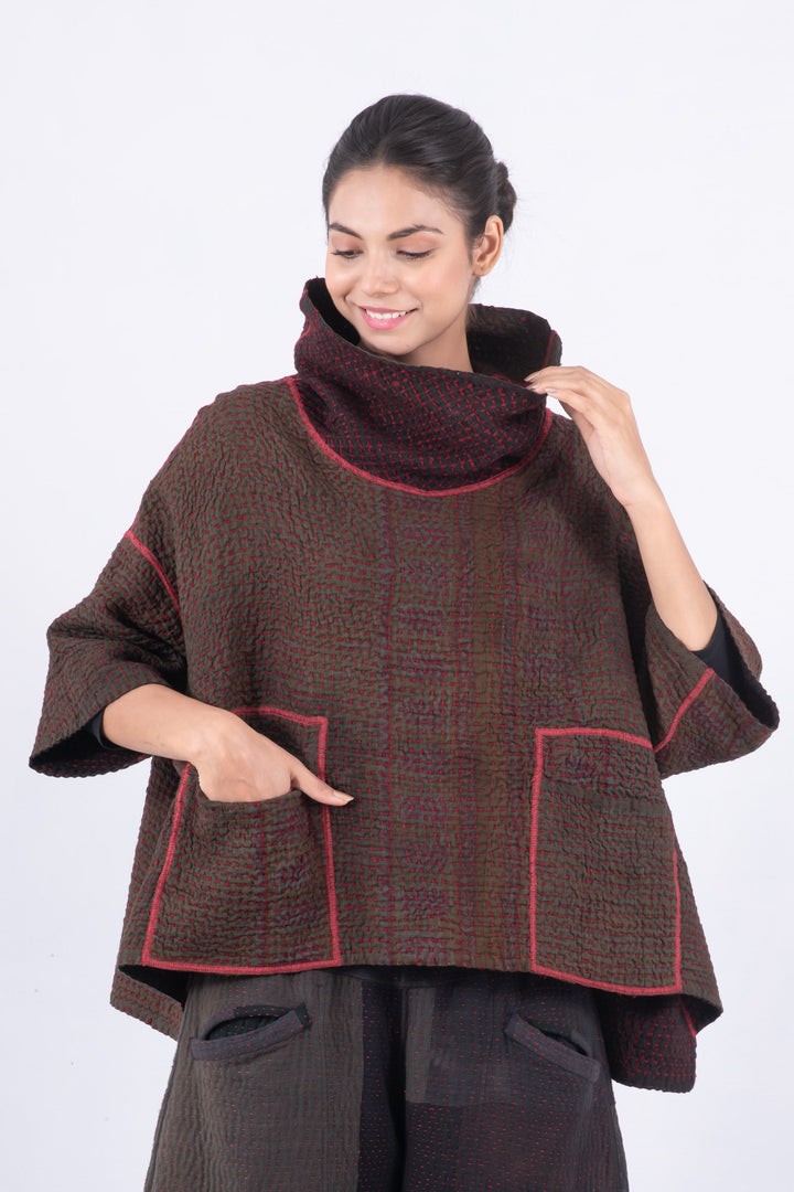WOOL WAFFLE KANTHA COWL NECK PONCHO - ww3061-red -