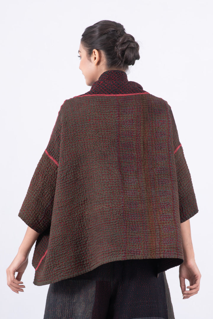 WOOL WAFFLE KANTHA COWL NECK PONCHO - ww3061-red -