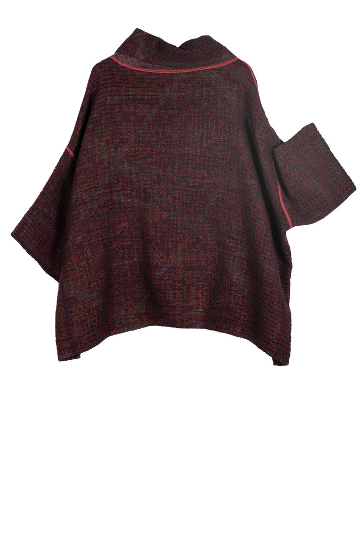 WOOL WAFFLE KANTHA COWL NECK PONCHO - ww3061-red -