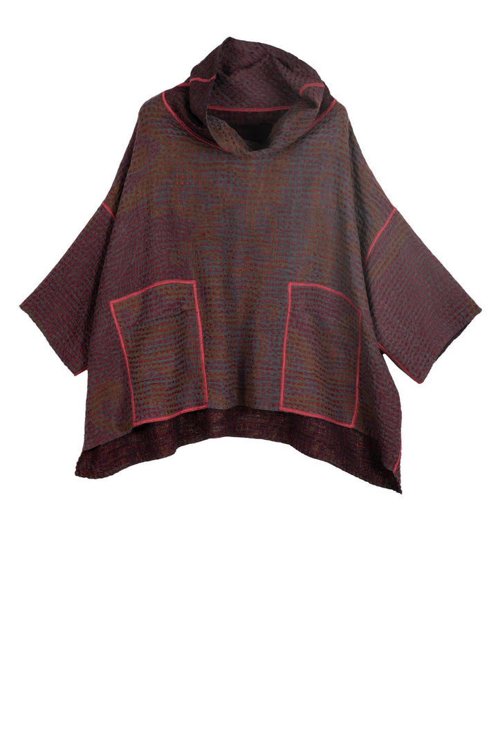 WOOL WAFFLE KANTHA COWL NECK PONCHO - ww3061-red -