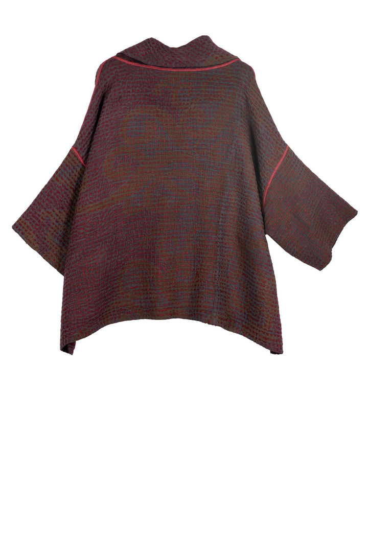 WOOL WAFFLE KANTHA COWL NECK PONCHO - ww3061-red -
