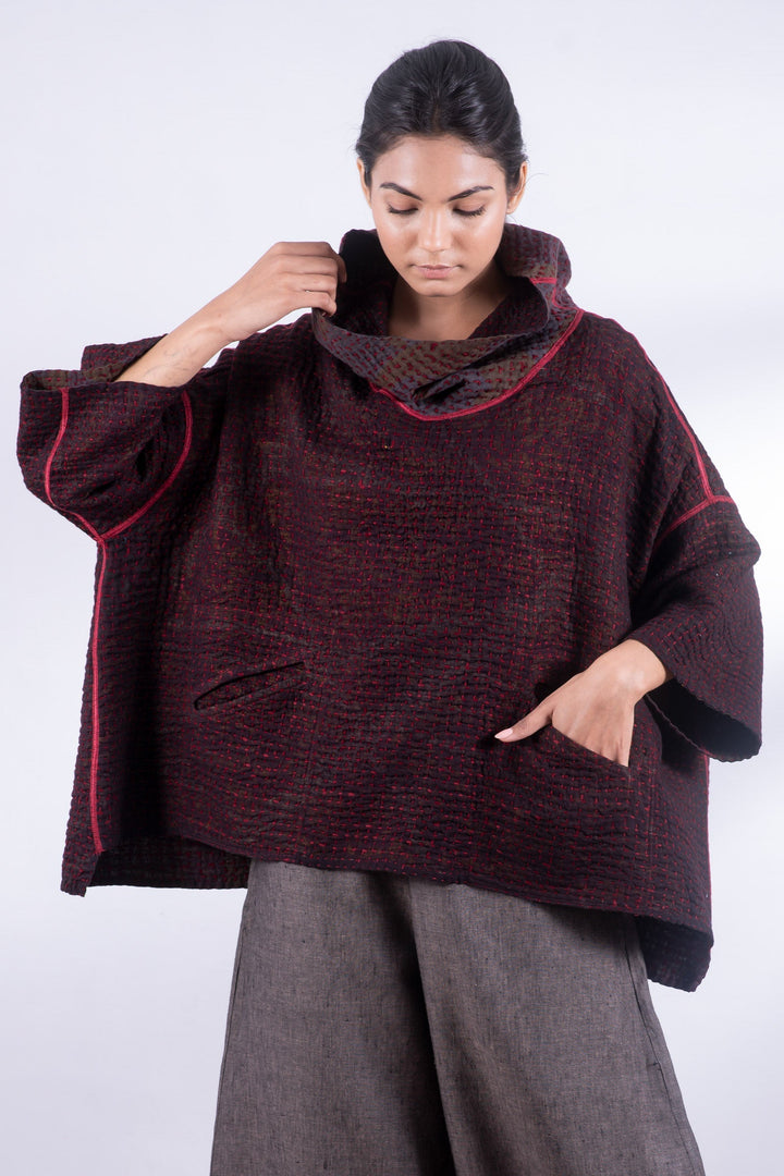 WOOL WAFFLE KANTHA COWL NECK PONCHO - ww3061-red -