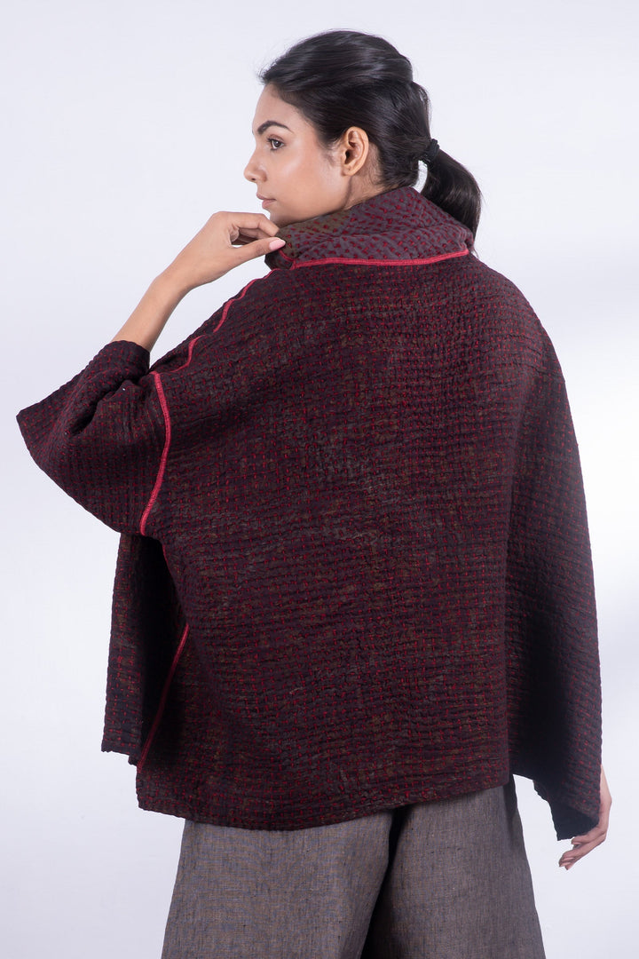 WOOL WAFFLE KANTHA COWL NECK PONCHO - ww3061-red -