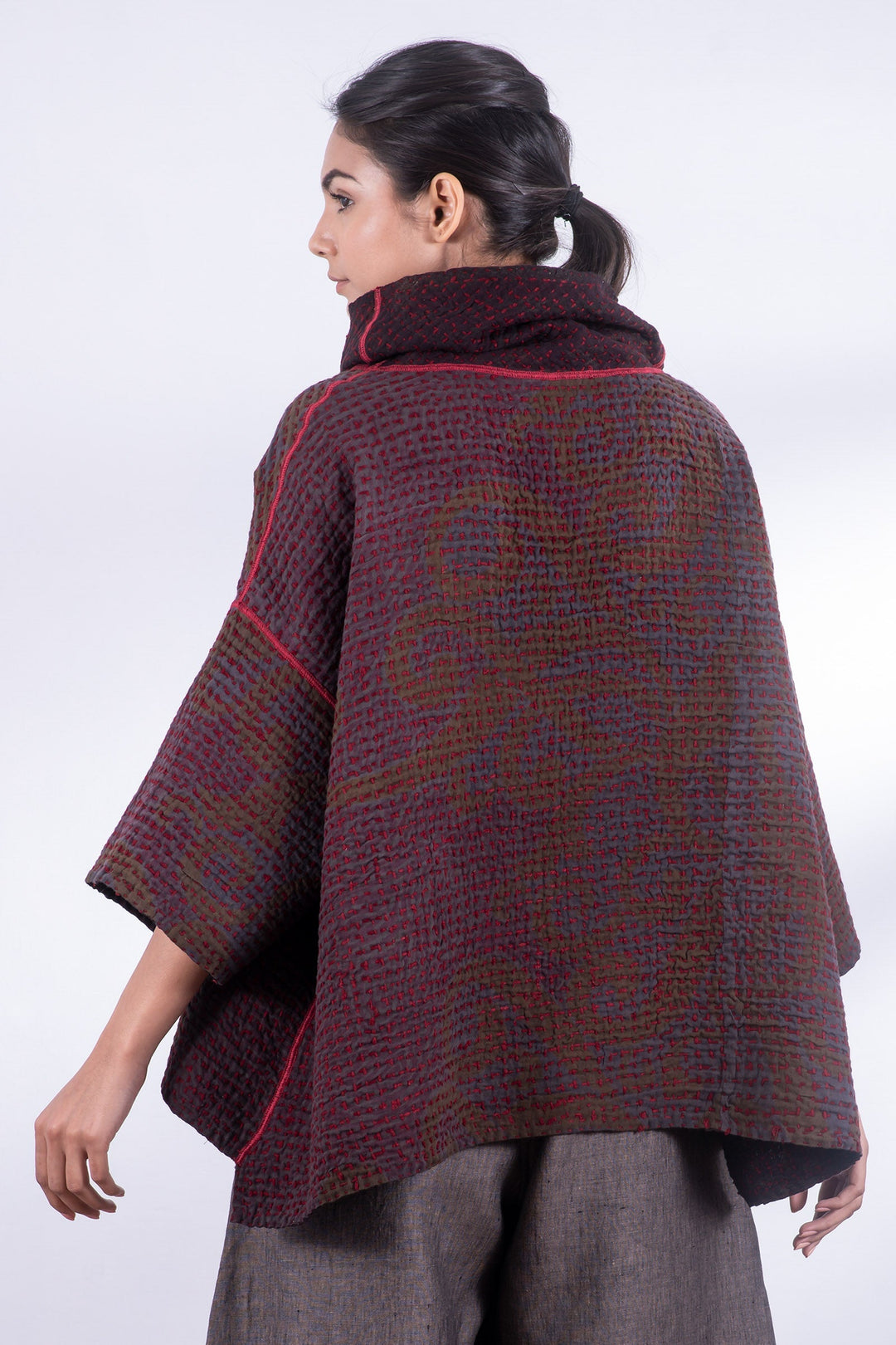 WOOL WAFFLE KANTHA COWL NECK PONCHO - ww3061-red -