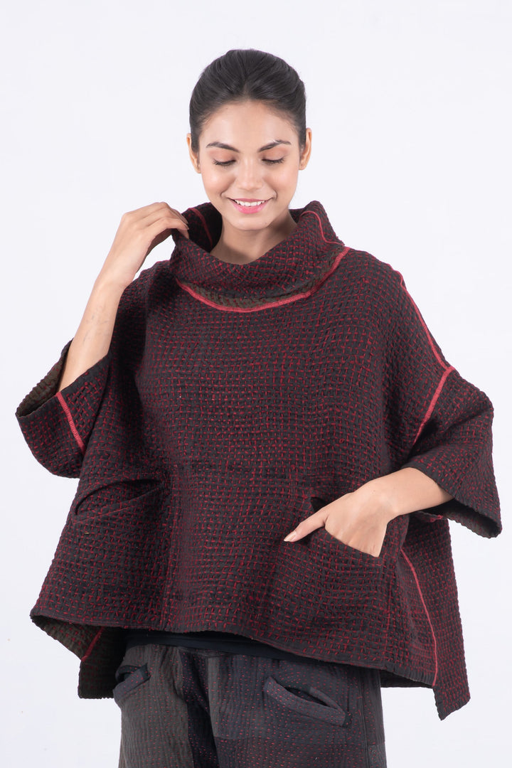 WOOL WAFFLE KANTHA COWL NECK PONCHO - ww3061-red -