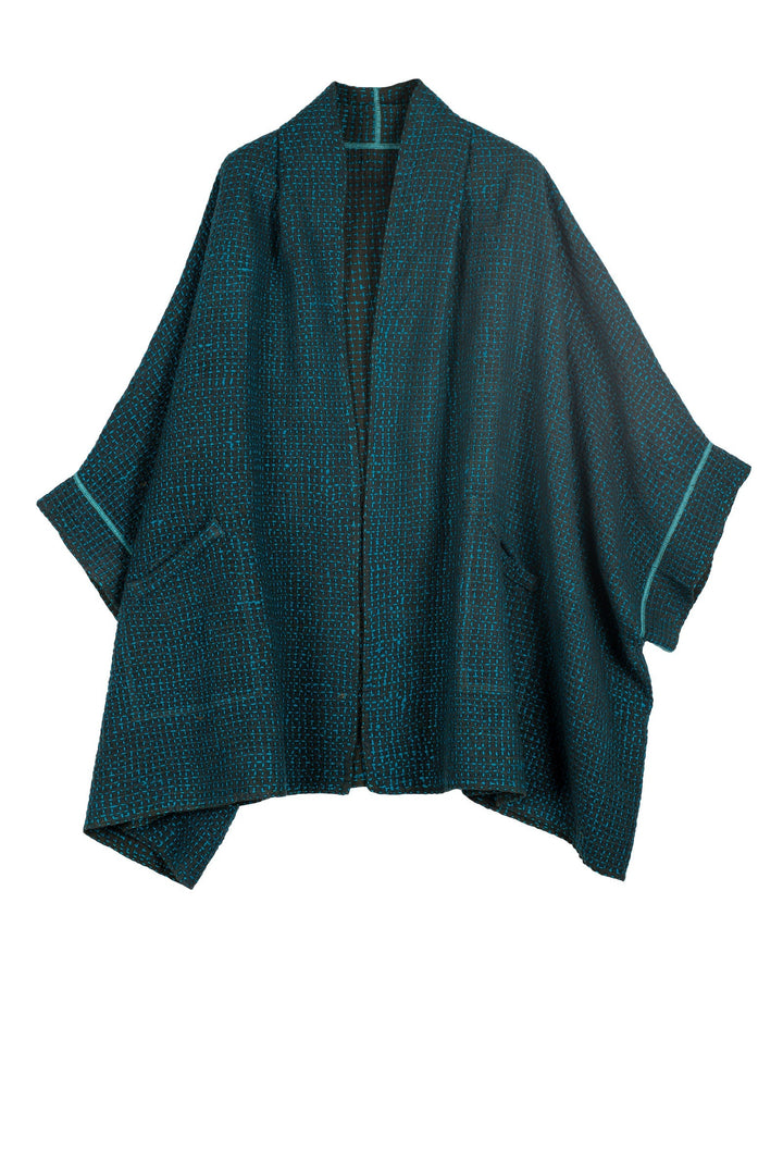 WOOL WAFFLE KANTHA DOUBLE COLLAR PONCHO - ww3323-tel -