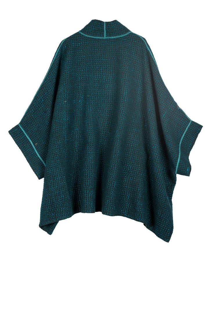 WOOL WAFFLE KANTHA DOUBLE COLLAR PONCHO - ww3323-tel -