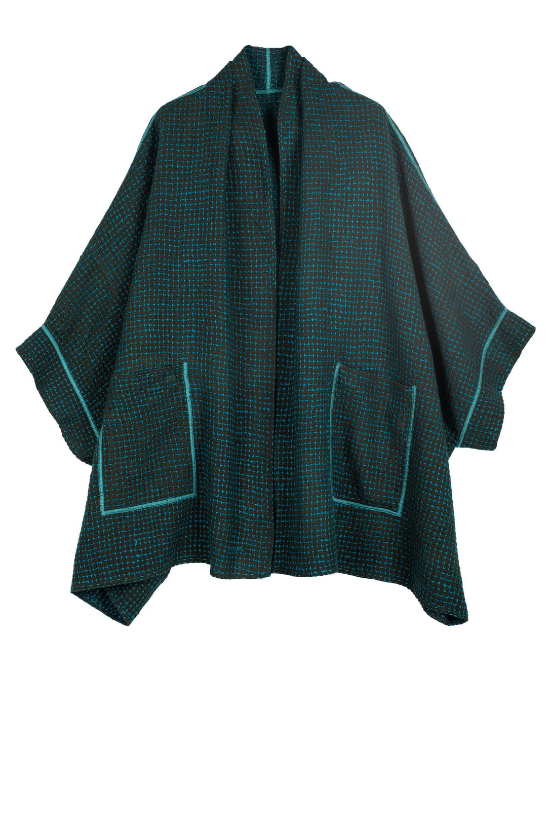 WOOL WAFFLE KANTHA DOUBLE COLLAR PONCHO - ww3323-tel -