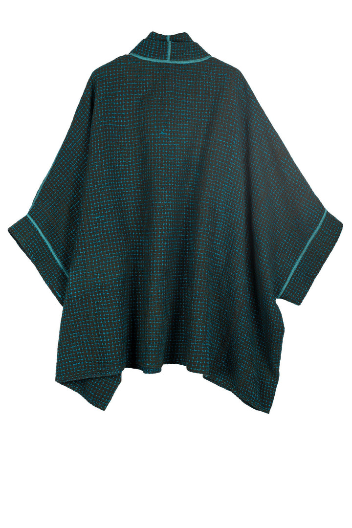 WOOL WAFFLE KANTHA DOUBLE COLLAR PONCHO - ww3323-tel -