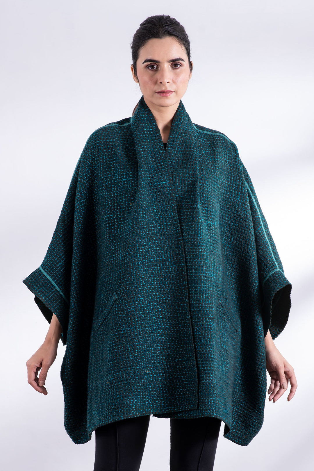 WOOL WAFFLE KANTHA DOUBLE COLLAR PONCHO - ww3323-tel -