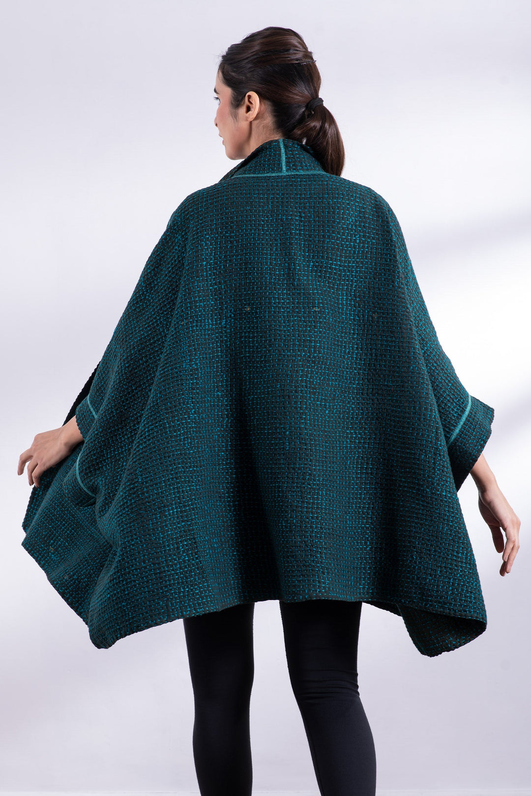 WOOL WAFFLE KANTHA DOUBLE COLLAR PONCHO - ww3323-tel -