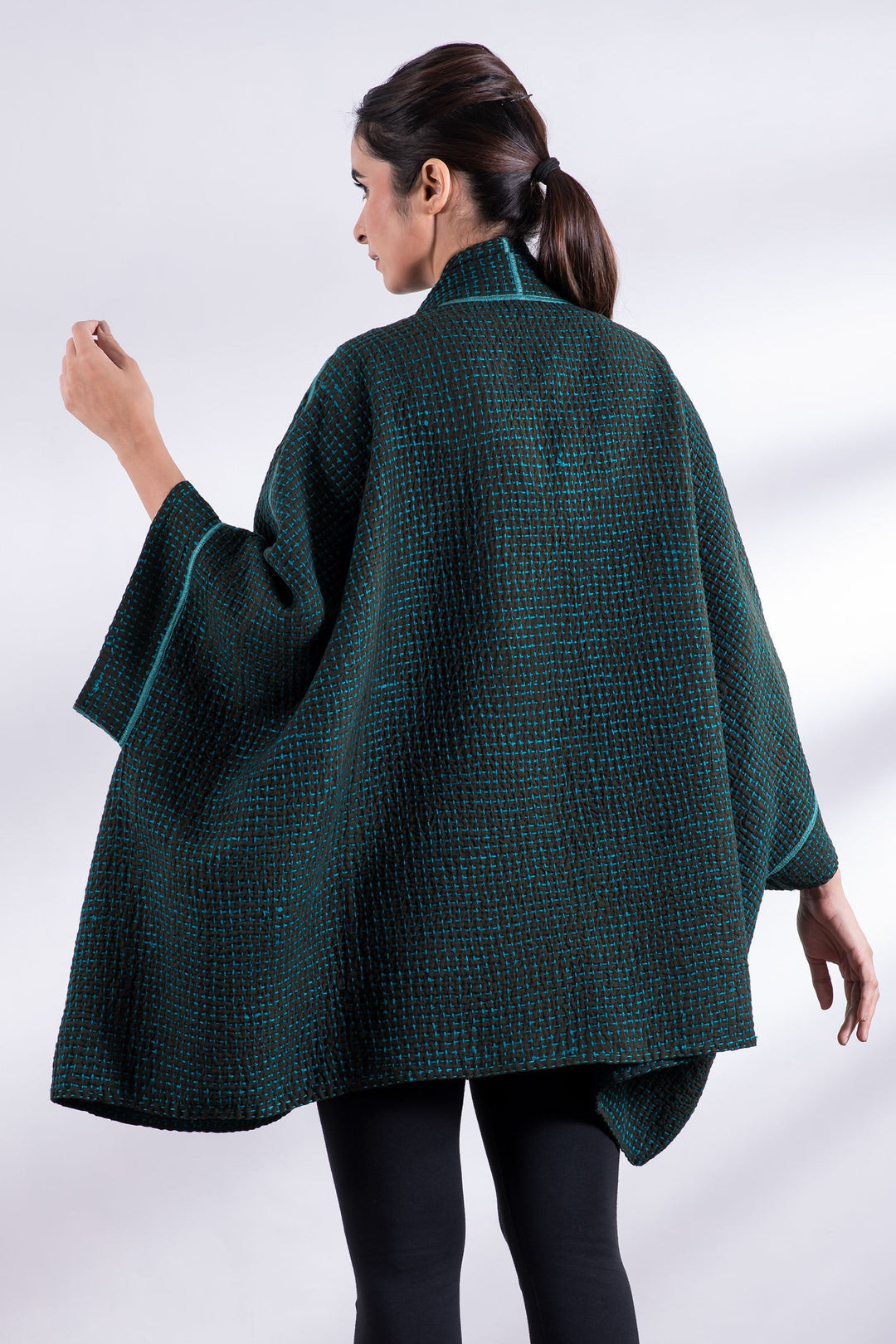 WOOL WAFFLE KANTHA DOUBLE COLLAR PONCHO - ww3323-tel -