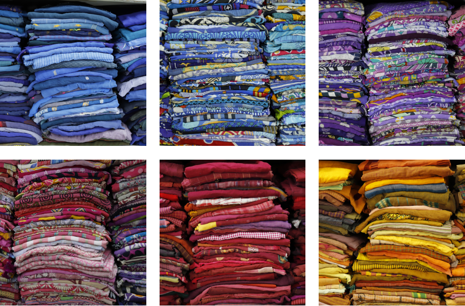 Vintage sari stacked on the shelf